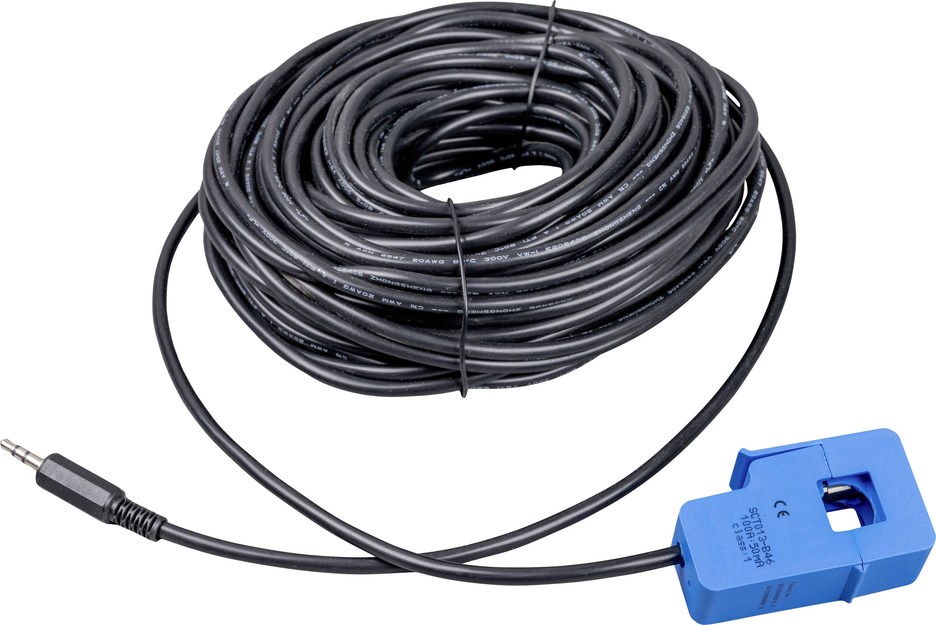 Eine lange, aufgewickelte schwarze Kabelrolle, verbunden mit einem blauen elektronischen Sensor mit Stecker am Ende.