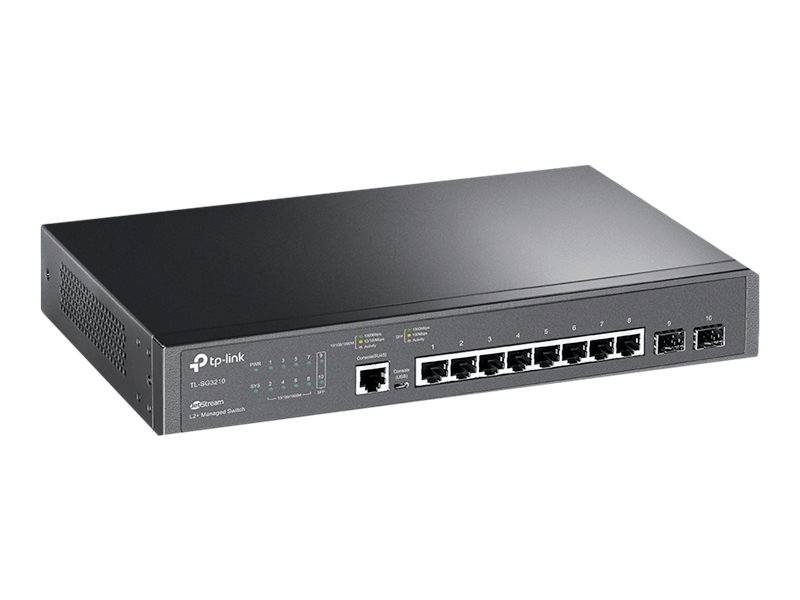 Ein schwarzer Netzwerkswitch mit mehreren Ethernet-Ports auf der Vorderseite. Markenname und Statusleuchten sind sichtbar.