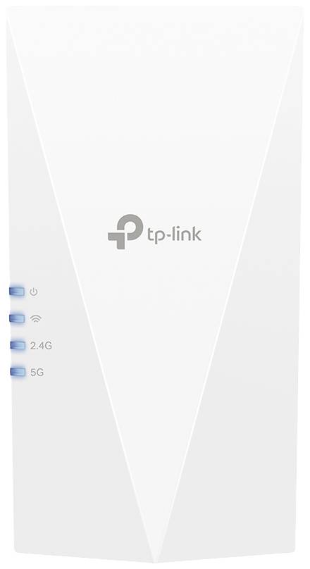 Ein weißer TP-Link WLAN-Repeater mit Logo, drei leuchtenden blauen LED-Anzeigen für WLAN, 2,4 GHz und 5 GHz Verbindungen rechts.
