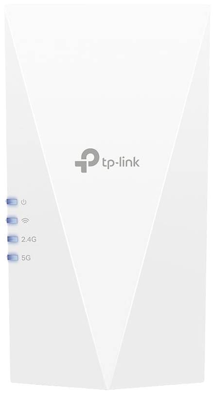Ein weißer TP-Link WLAN-Repeater mit leuchtenden Statusanzeigen für Strom, WLAN, 2.4G und 5G.