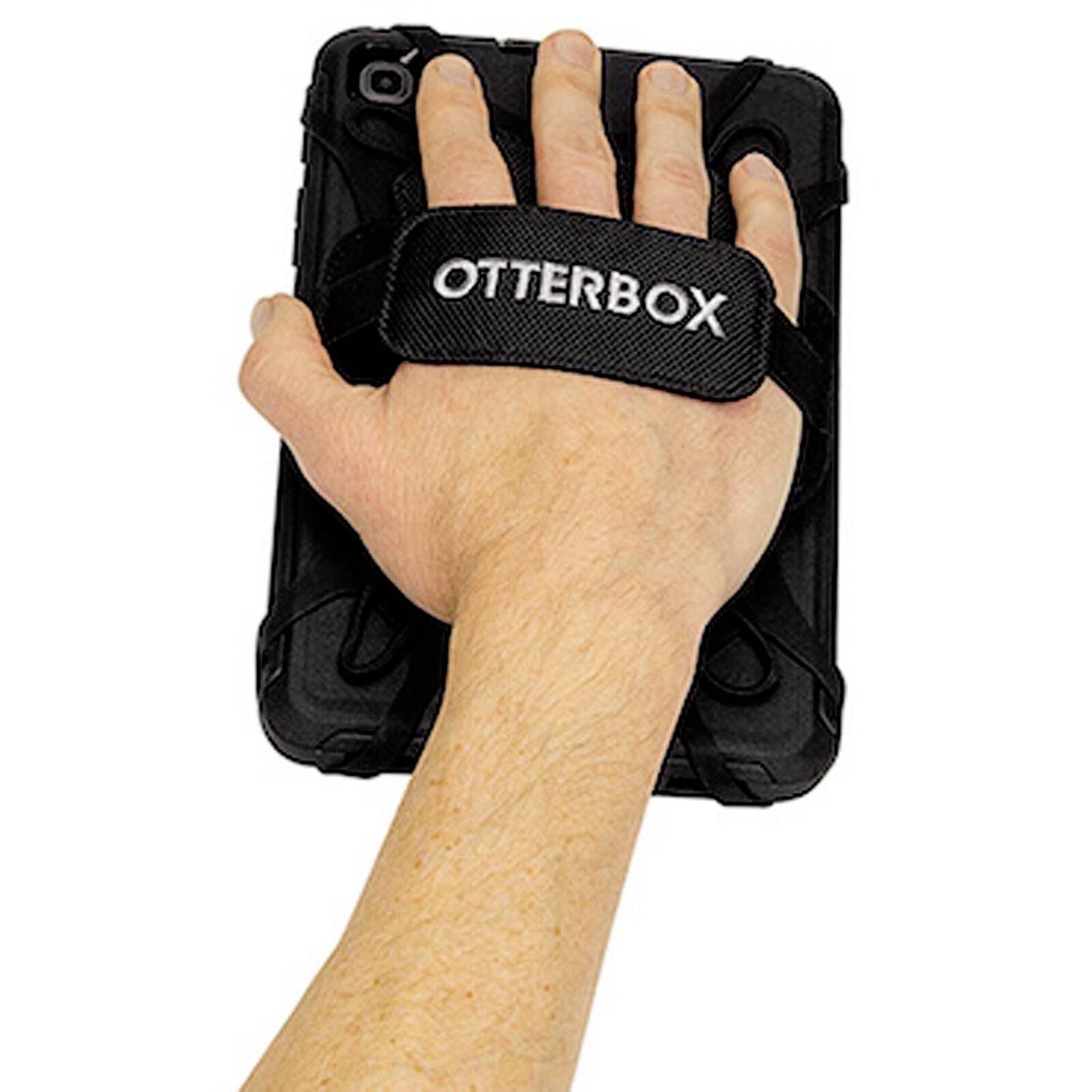 Hand hält ein Tablet mit einer schwarzen OtterBox-Hülle; die Hand ist durch einen Gurt auf der Rückseite gesichert.