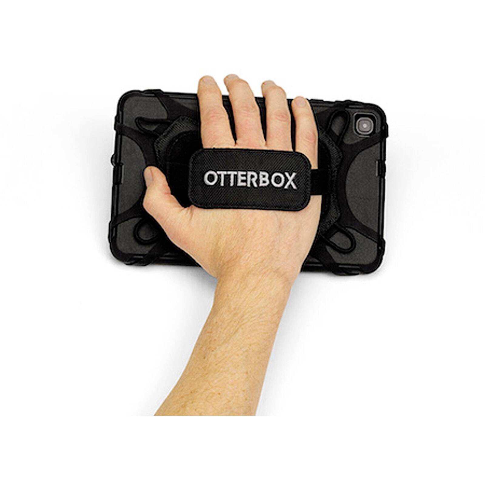 Menschliche Hand hält ein schwarzes Tablet mit elastischem Halteband, auf dem 'OTTERBOX' steht, Stabilität und Kontrolle gewährleistend.