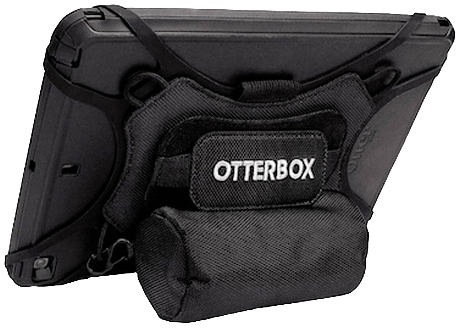 Schwarze OtterBox-Schutzhülle für Tablet mit robustem Griff und integriertem Ständer. Ideal für strapazierfähigen Schutz unterwegs.