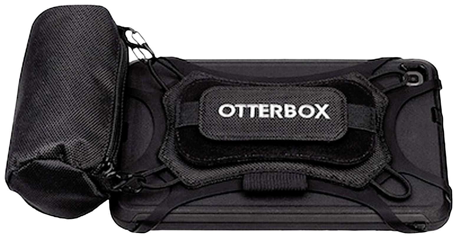 Schwarzes Otterbox-Gehäuse mit gepolsterten Gurten und abnehmbarem Zubehör auf einer elektronischen Gerätetafel.