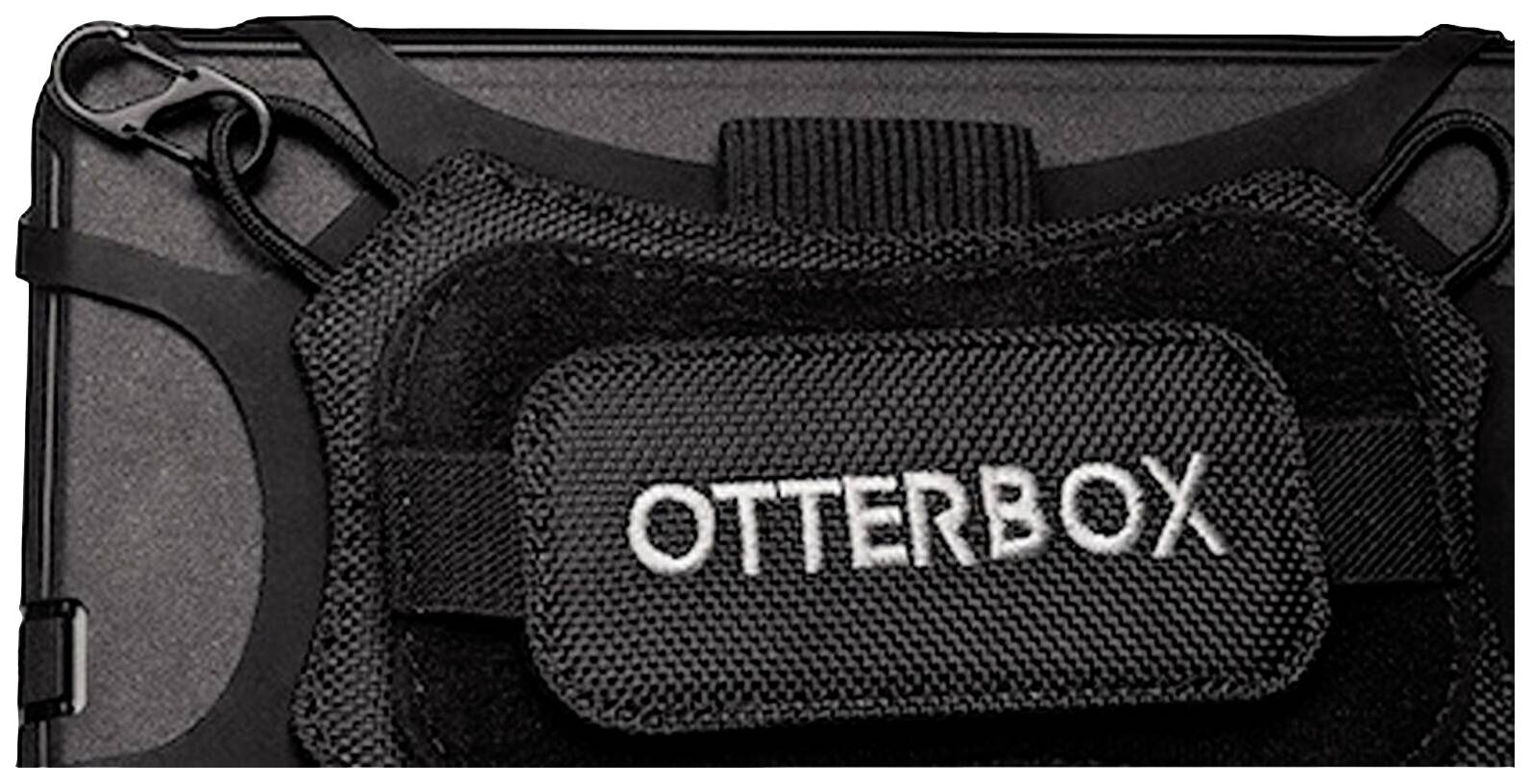 Eine schwarze Schutzhülle mit dem Schriftzug 'OTTERBOX' auf einem gepolsterten Teil. Die Plastikstruktur bietet zusätzlichen Schutz.