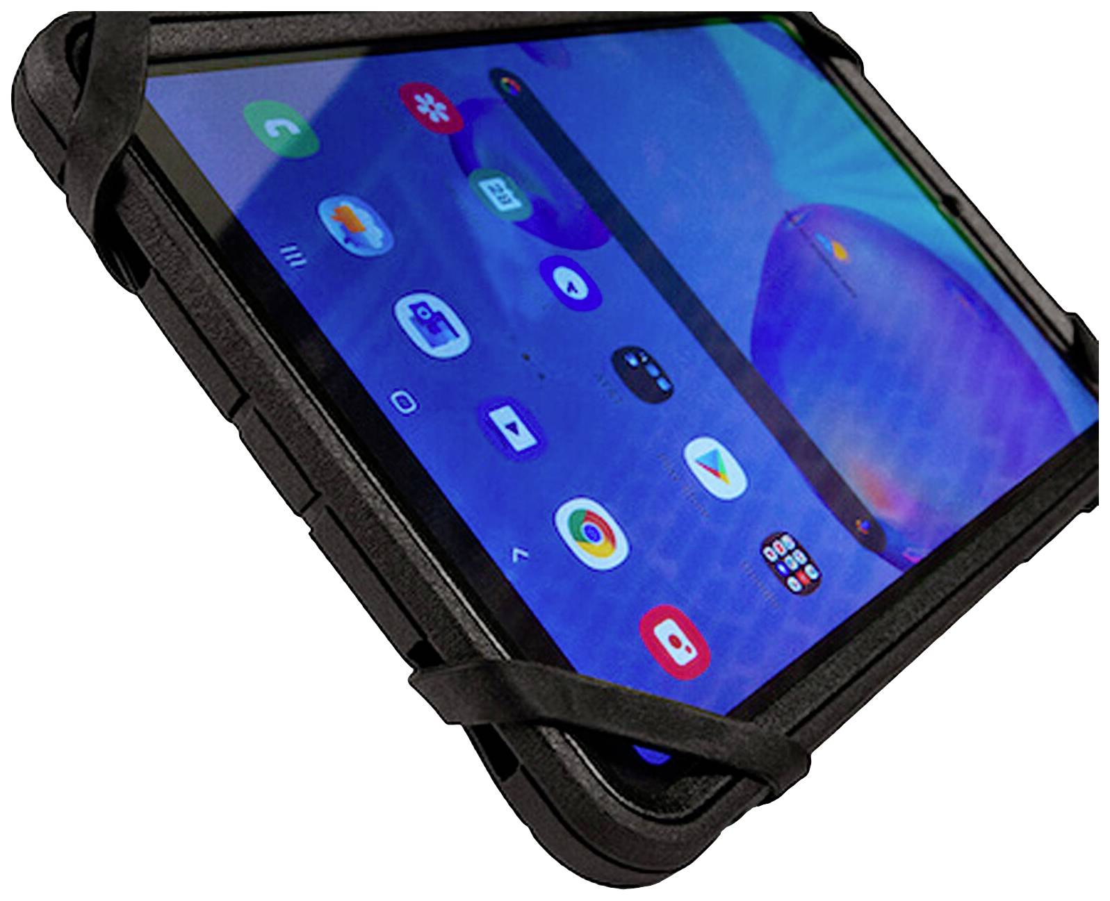 Ein Tablet in einer schützenden Hülle, auf dessen Bildschirm mehrere App-Symbole sichtbar sind.
