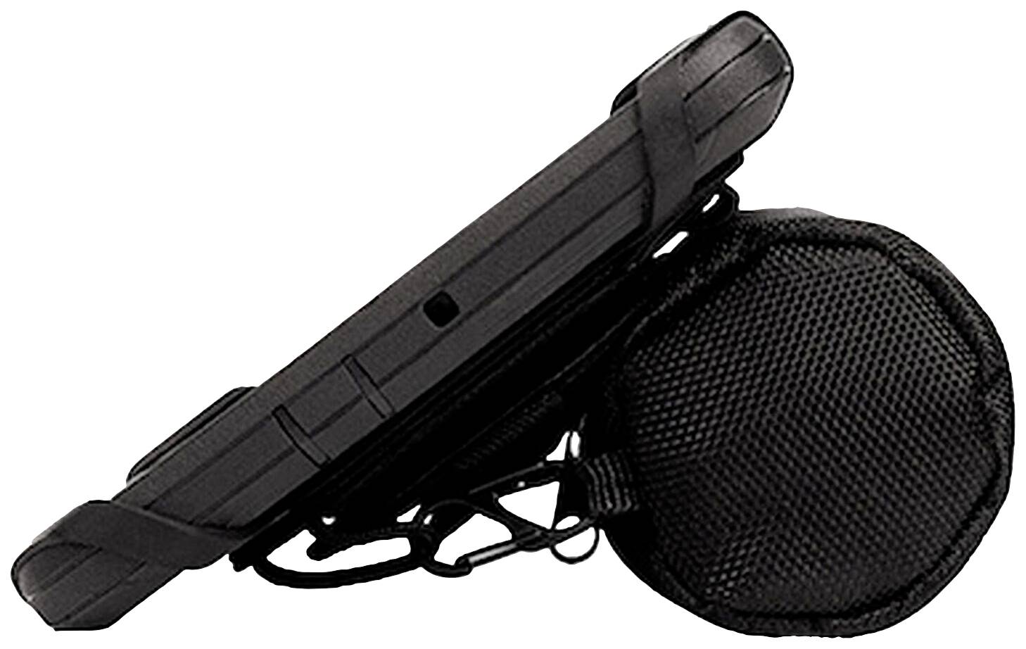 Robuster Funkgerät mit Schutzabdeckung und integrierter Lautsprechermikrofon, seitlich liegend. Ideal für den anspruchsvollen Outdoor-Einsatz.