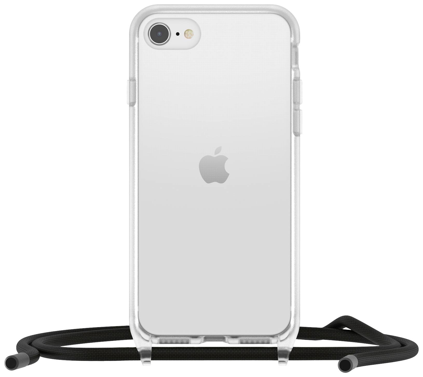 Ein transparentes Smartphone-Gehäuse mit schwarzem Umhängeband, entworfen für ein bestimmtes Mobiltelefonmodell.