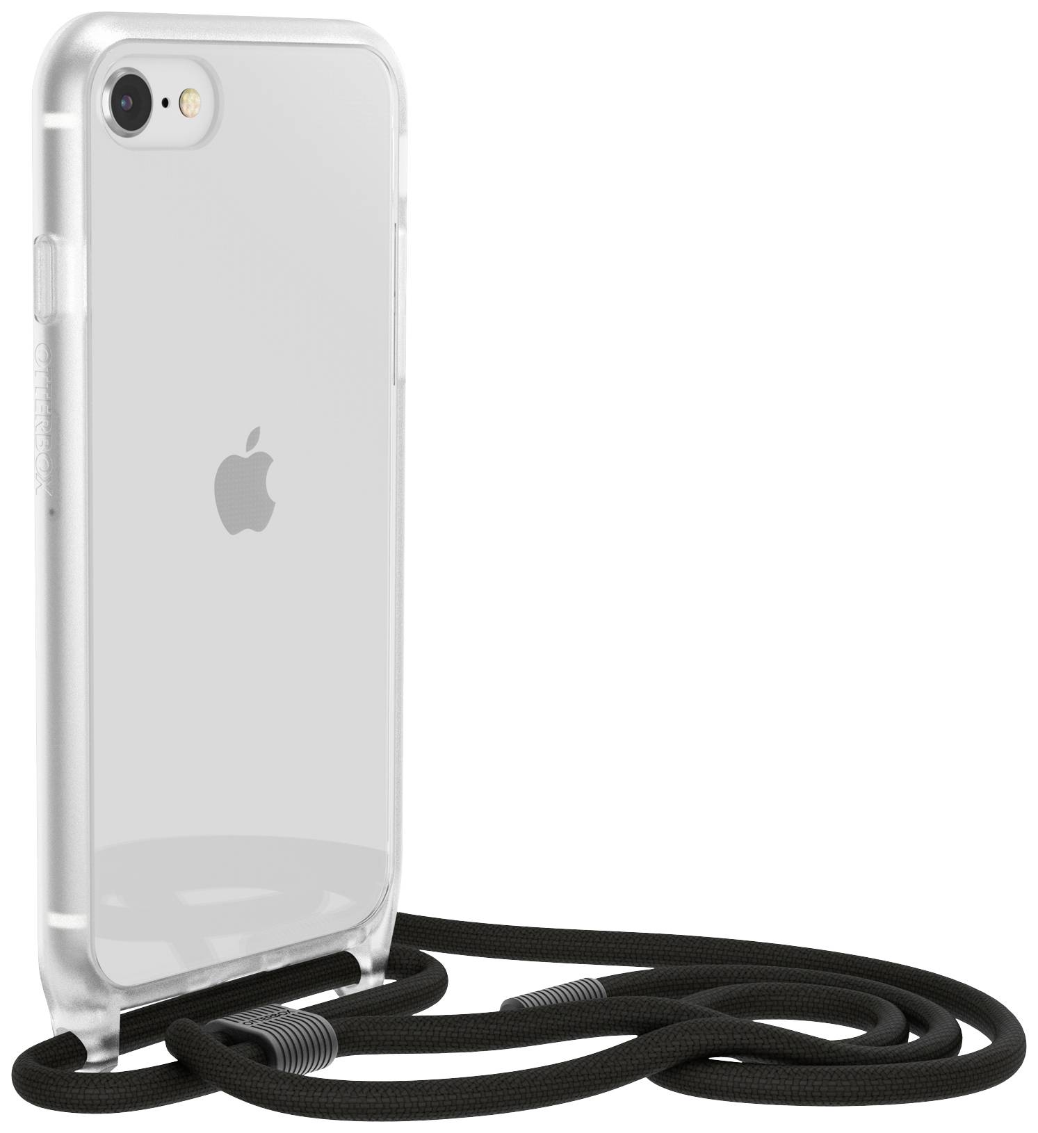 Ein transparentes Handyhülle mit einem schwarzen Trageband ist abgebildet. Das Apple-Logo ist sichtbar.