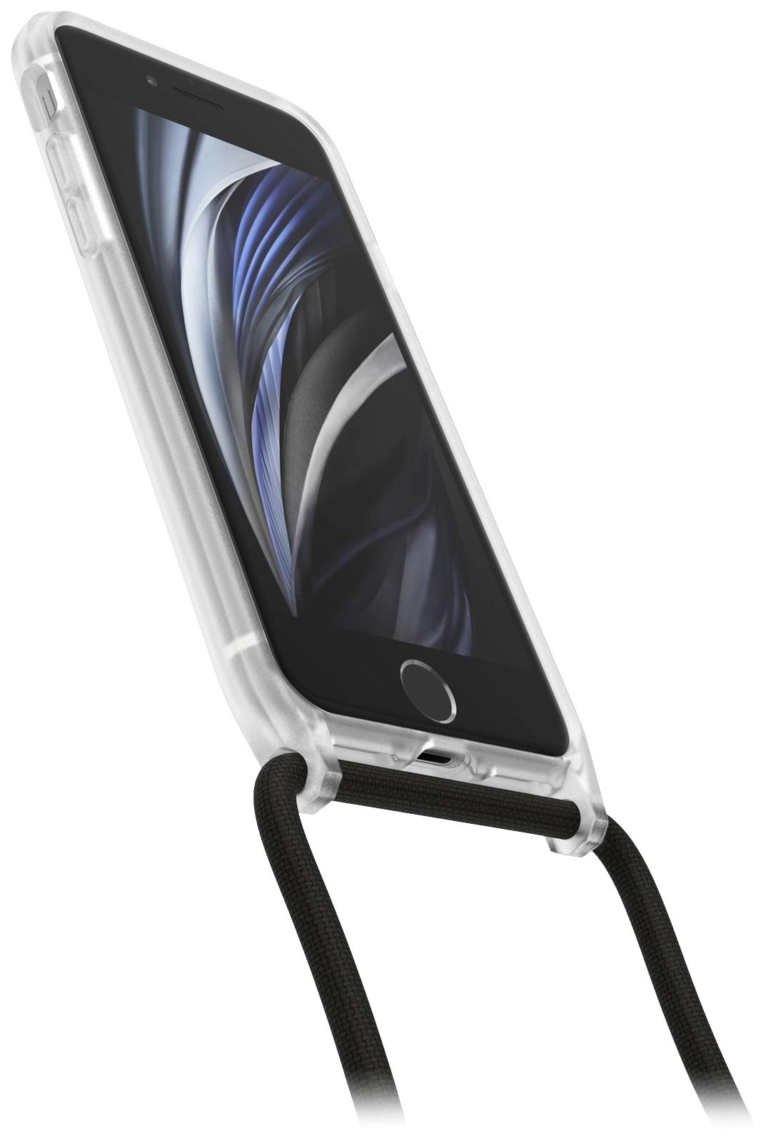 Smartphone in einer durchsichtigen Hülle mit schwarzer Kordel, auf einem weißen Hintergrund.