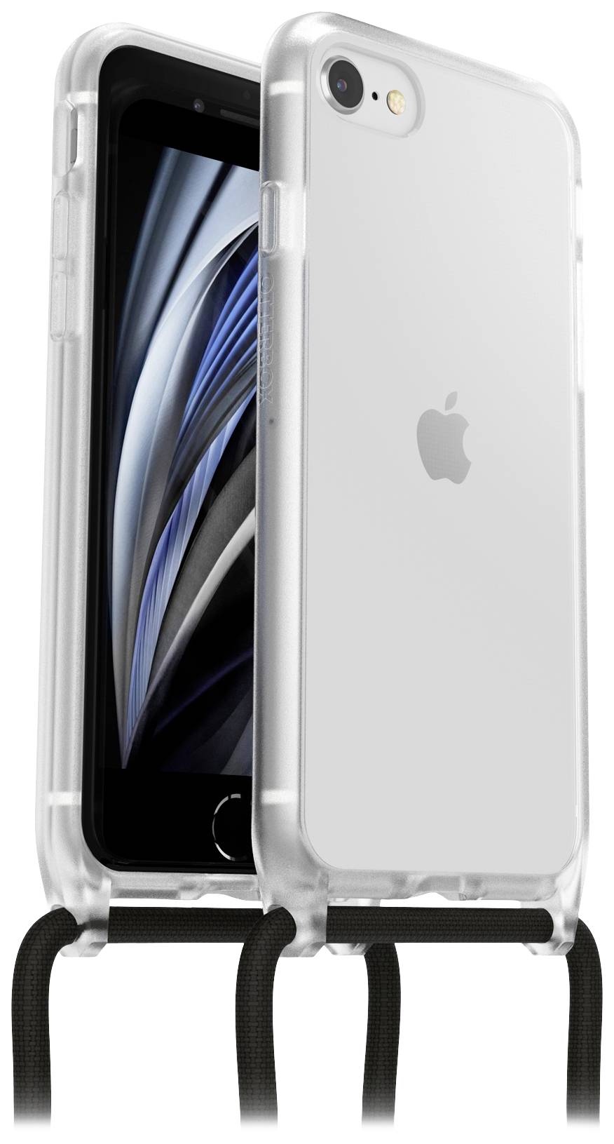 Ein Smartphone mit transparentem Schutzcase und Umhängeband. Das Gerät zeigt ein spiralförmiges Muster auf dem Bildschirm.