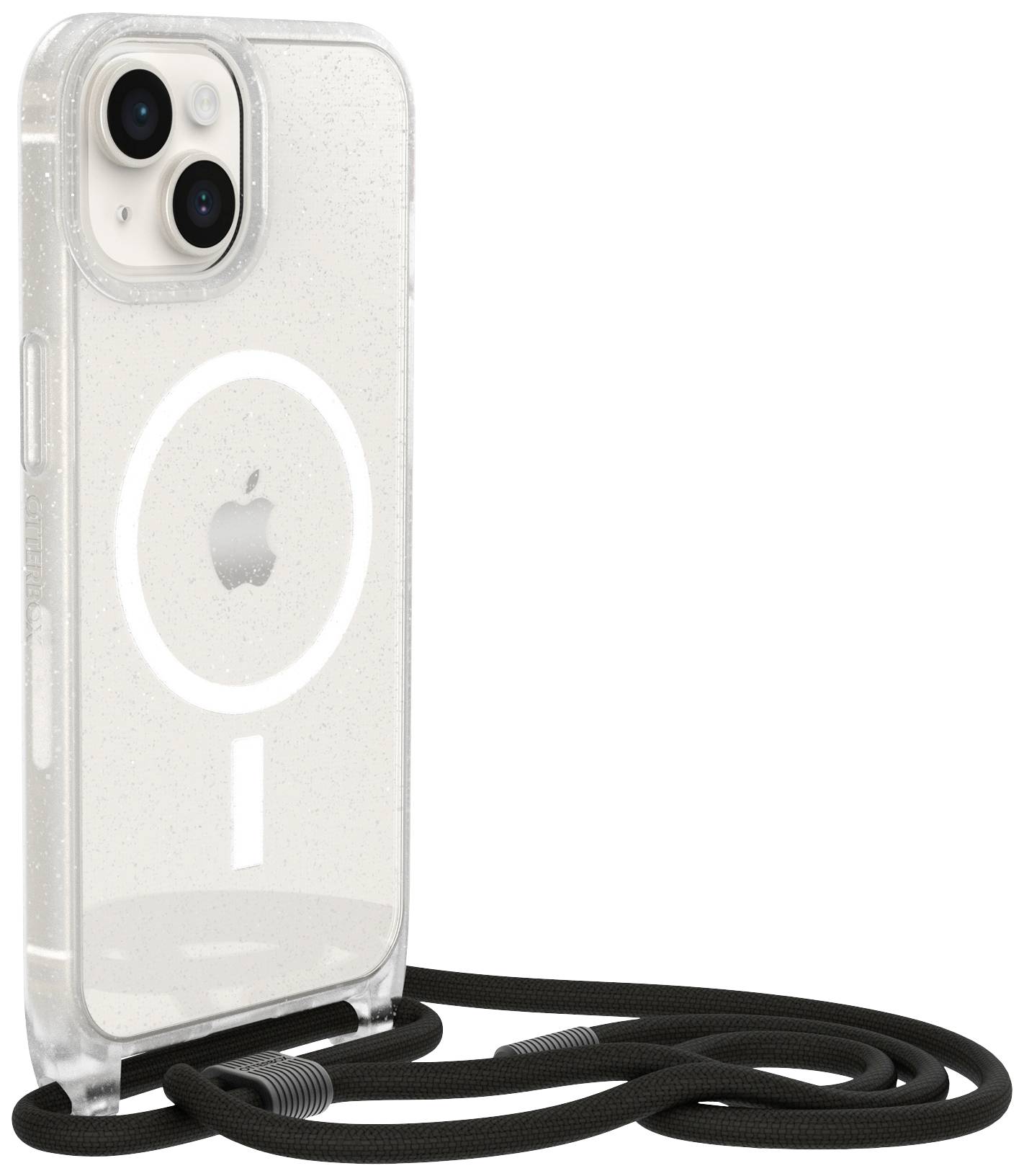Durchsichtige Handyhülle mit weißem Ringmuster, das aufrecht steht. Schwarze, abnehmbare Kordel am unteren Ende der Hülle befestigt.