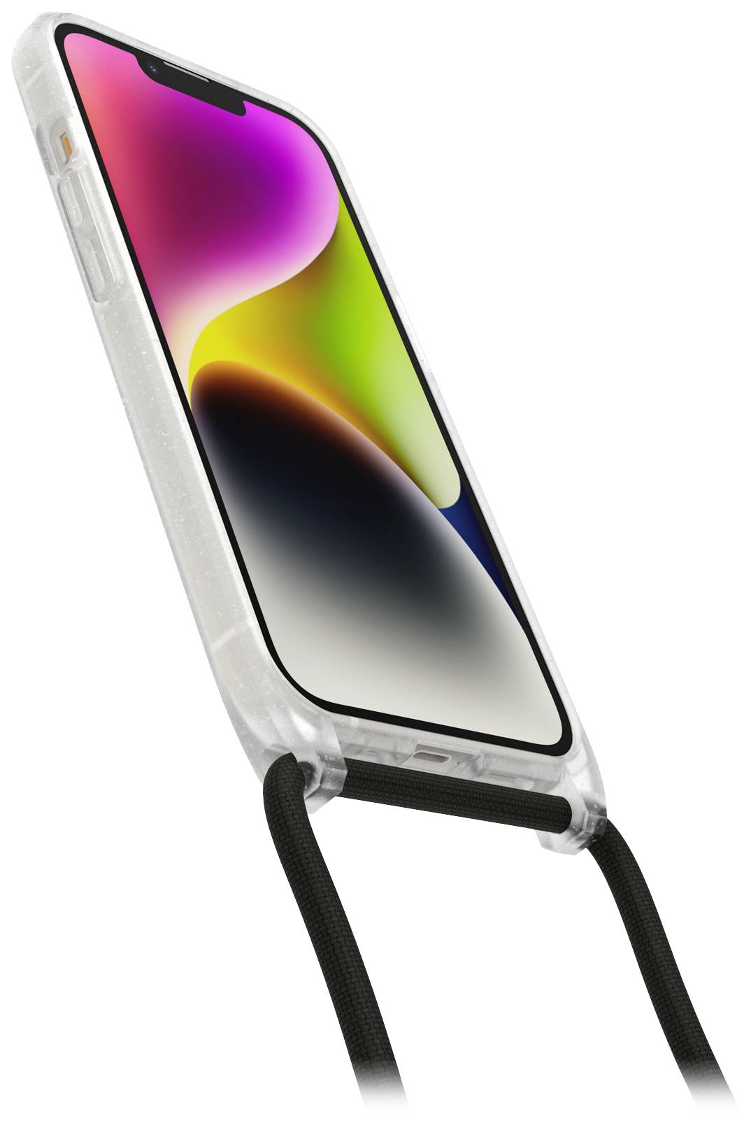 Smartphone in transparenter Hülle mit farbig lebhaftem Display, hängt an einem schwarzen Band.