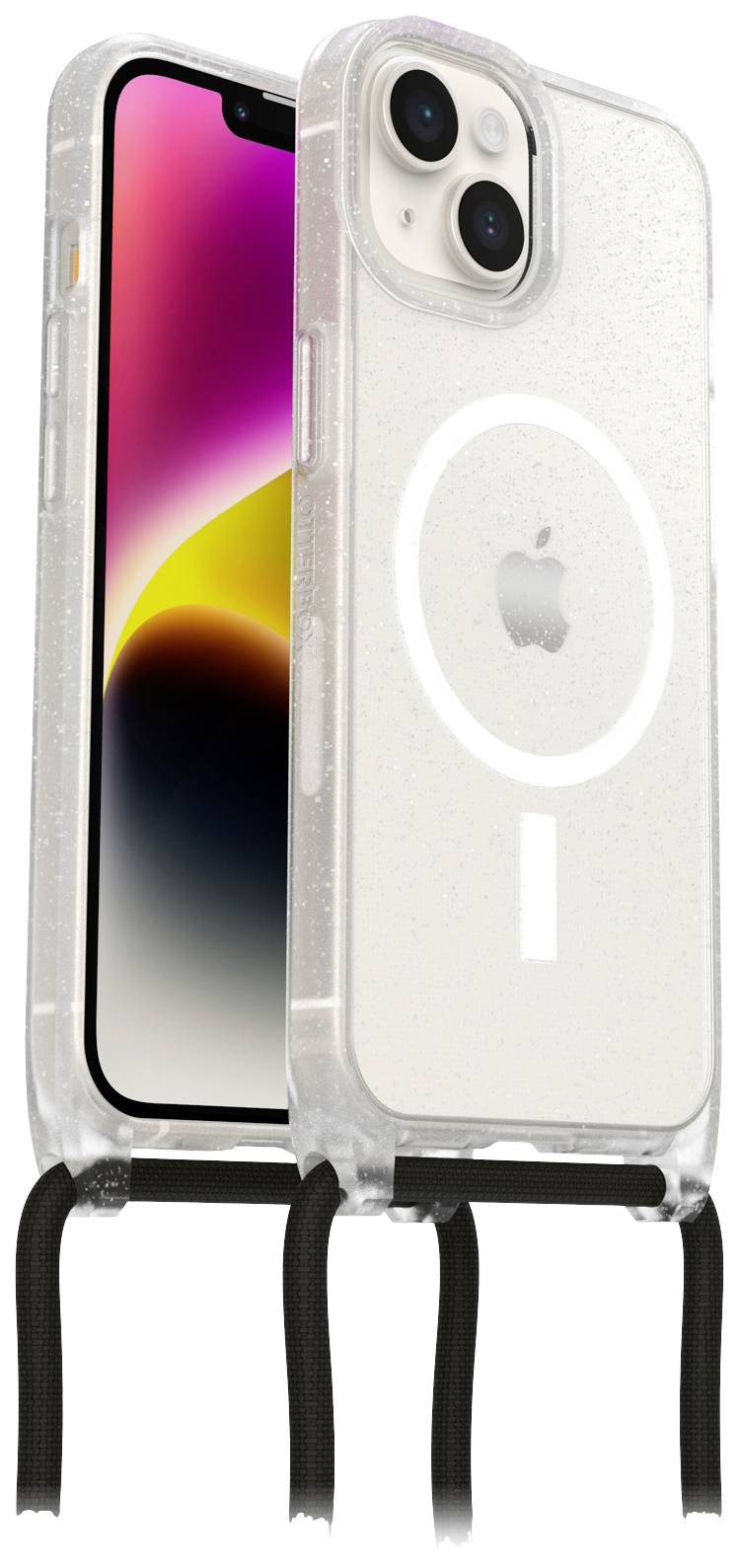 Ein Smartphone mit transparentem Case zeigt den Bildschirm und die Rückseite, die ein MagSafe-Symbol trägt. Case hat eine Kordel.