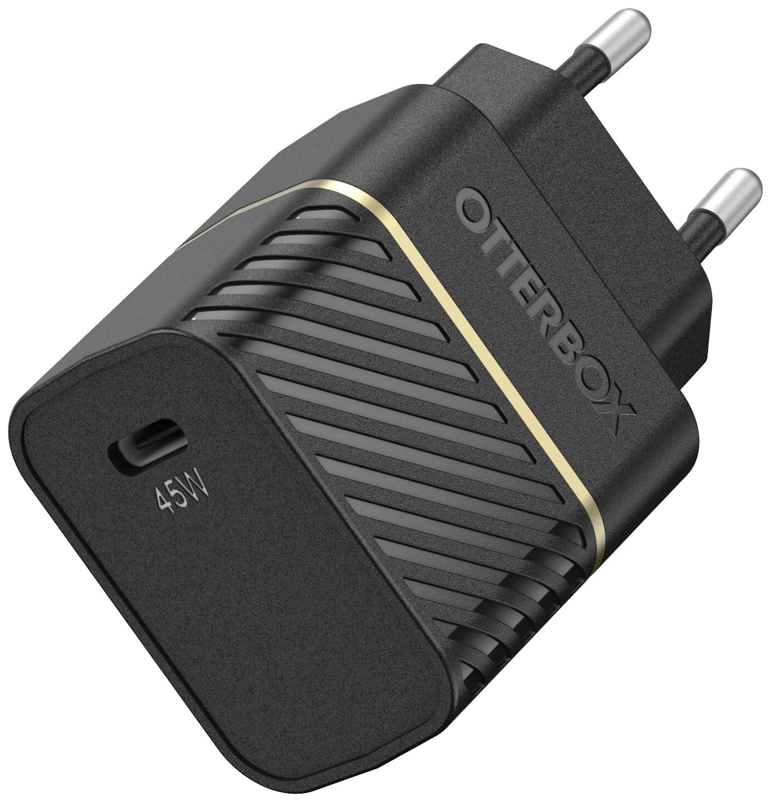 Schwarzes Ladegerät mit zwei Steckdosenstiften, der Aufschrift 'Otterbox' und der Angabe '45W' an der Seite.