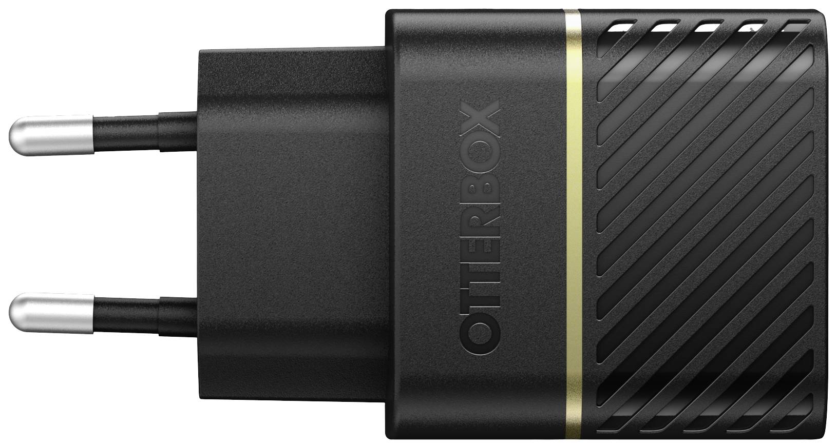 Ein schwarzes Ladegerät mit silbernen Kontakten und einem gelben Streifen, vertikale Rillen, mit der Aufschrift 'OTTERBOX'.