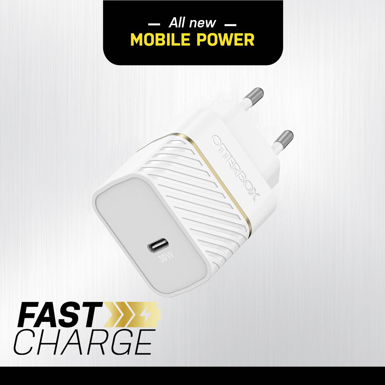 'All new mobile power.' Weißes Ladegerät, aufgedruckt: '30W'. Text darunter: 'Fast charge'.