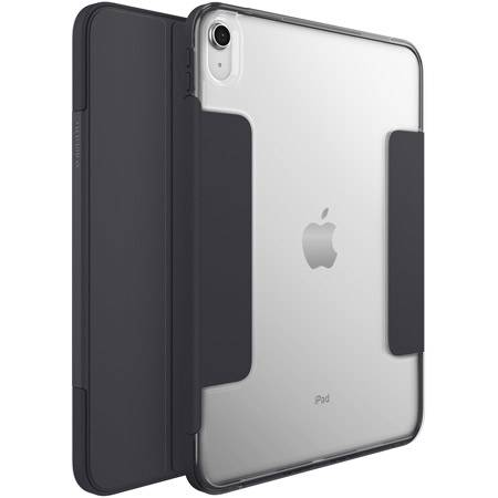 Ein graues Tablet mit schwarzem Schutzcover, das teilweise die Rückseite und Seiten bedeckt. Die Kamera ist oben links sichtbar.