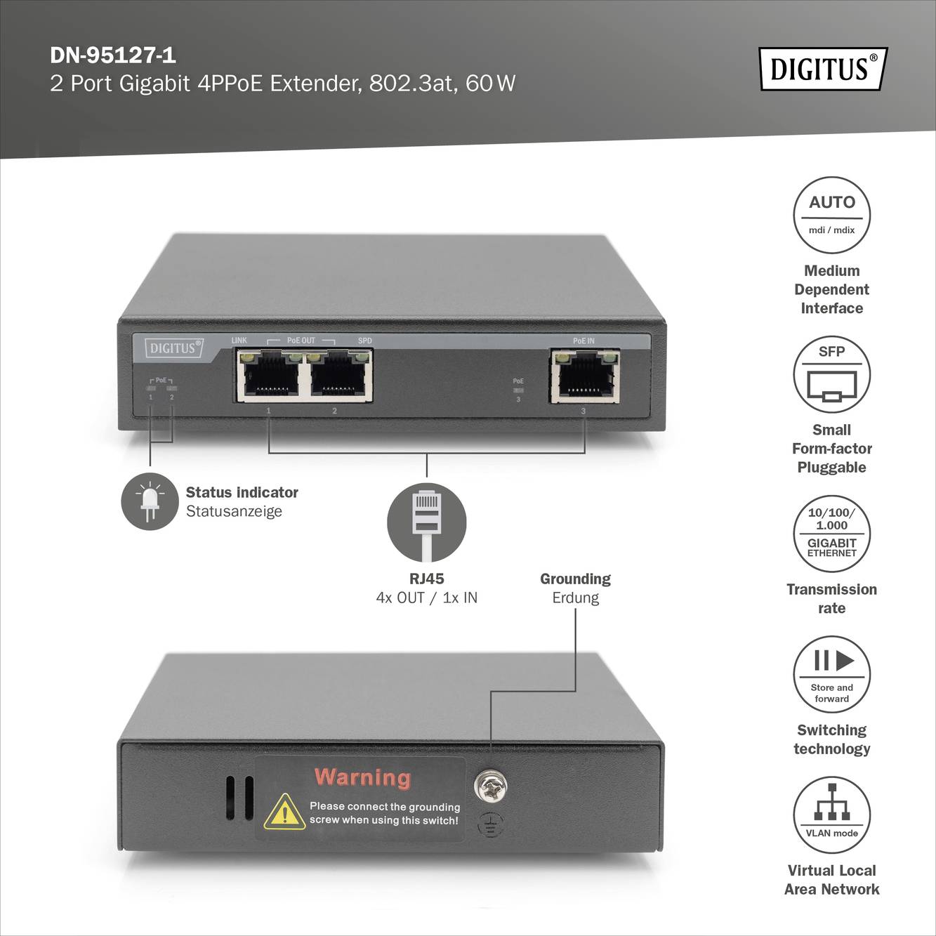 Digitus DN-95127-1 PoE Extender 1 GBit/s IEEE 802.3af (12.95 W), IEEE 802.3at (25.5 W), IEEE 802.3bt, IEEE802.3af (15.4 W), IEEE802.3at (30 W)