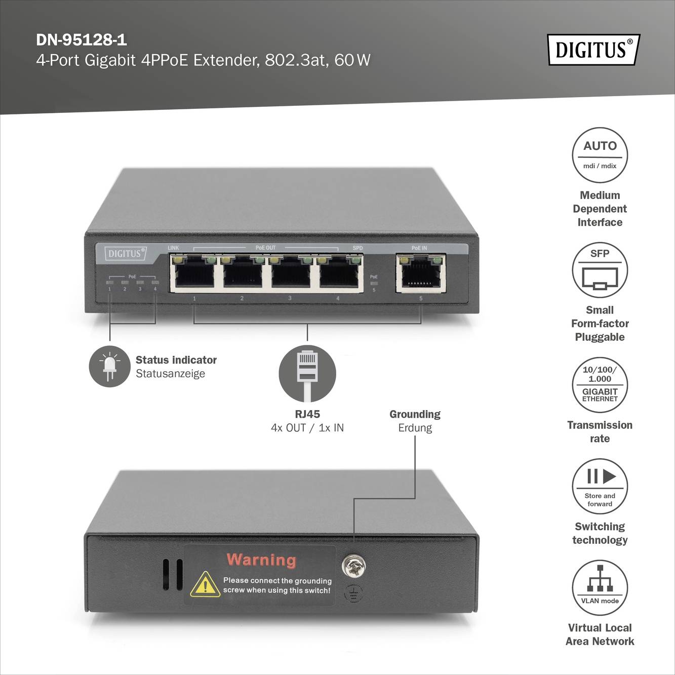 Digitus DN-95128-1: 4-Port Gigabit 4PPoE Extender, 802.3at, 60 W. Zeigt Anschlüsse, Statusanzeige und Erdungshinweis.