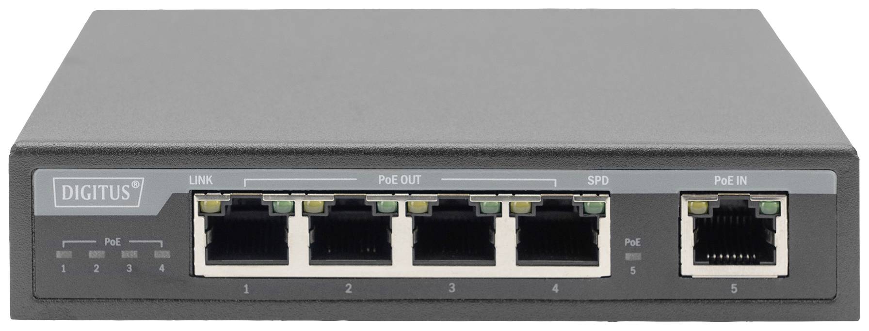 Ein grauer Netzwerk-Switch mit fünf Ethernet-Ports, gekennzeichnet als '1' bis '5'. Port '5' ist mit 'PoE IN' beschriftet.