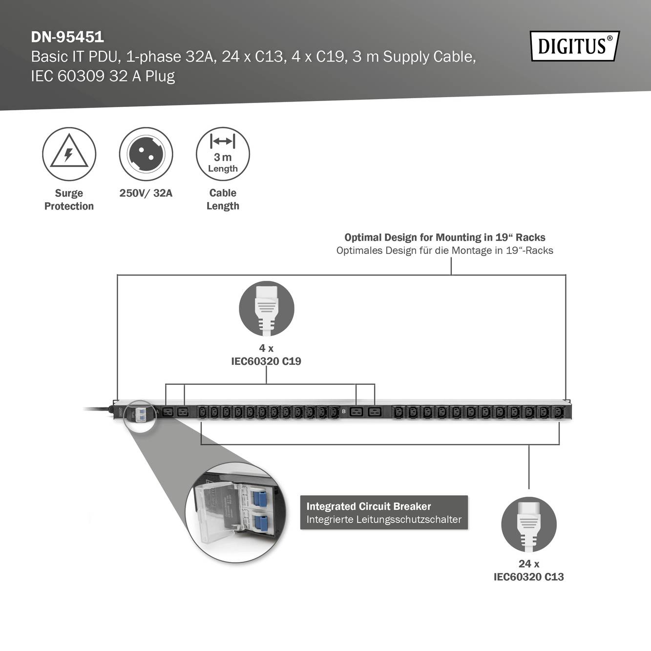Digitus DN-95451 19 Zoll Netzwerkschrank-Steckdosenleiste Schwarz