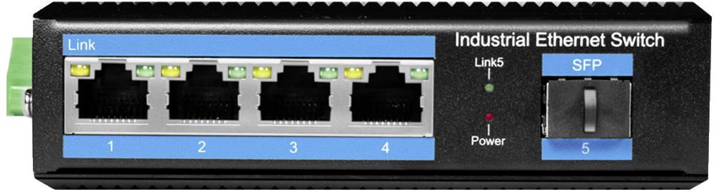 Industrieller Ethernet-Switch mit vier Ethernet-Anschlüssen und einem SFP-Port links. LED-Anzeigen zeigen Link- und Stromstatus an.