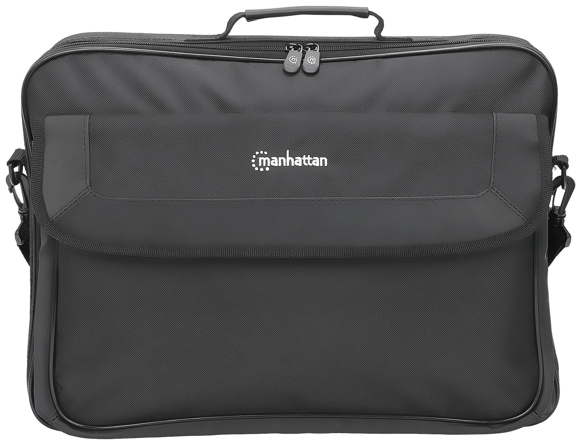 Schwarze Laptop-Tasche mit Schulterriemen und Tragegriff, Markenname 'manhattan' auf der Vorderseite.