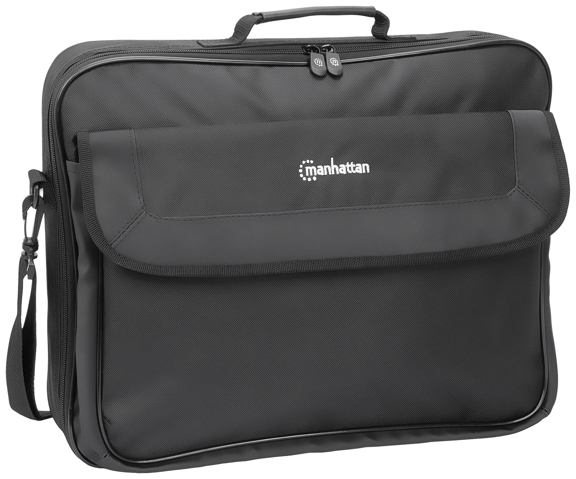 Schwarze Laptoptasche mit Tragegriff und Logo 'Manhattan' auf der Fronttasche. Geeignet für den Transport von Laptops und Zubehör.