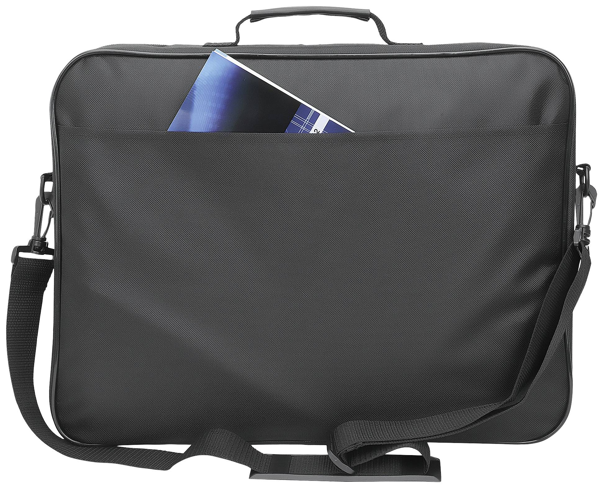 Schwarze Laptoptasche mit Schultergurt. Ein Teil eines blauen Dokuments ragt aus der oberen Tasche heraus.