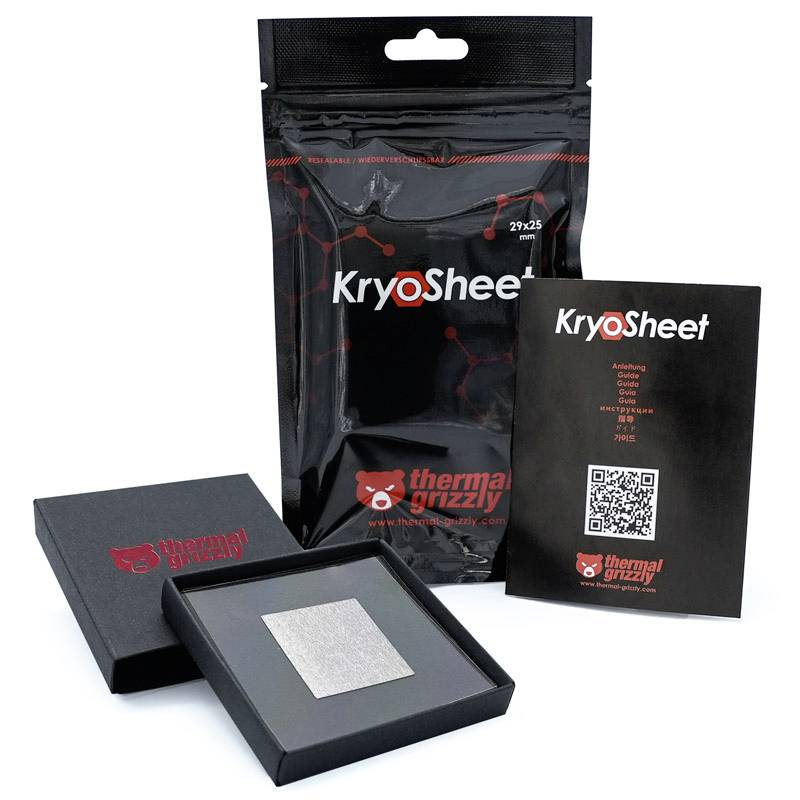'KryoSheet' Verpackung mit geöffneter Box, die das Produkt zeigt. Neben der Box liegt ein Flyer mit QR-Code. Marke 'Thermal Grizzly'.