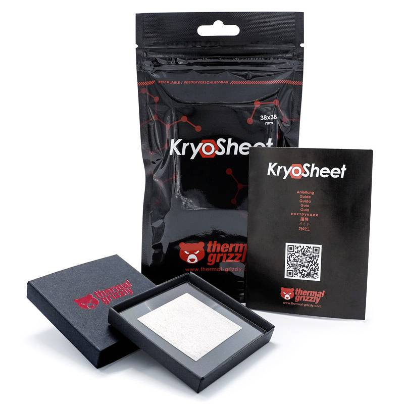 Eine Verpackung und ein Flyer für Thermal Grizzly KryoSheet Wärmeleitpad. Das Pad ist für Wärmeableitung aus elektronischen Geräten gedacht.