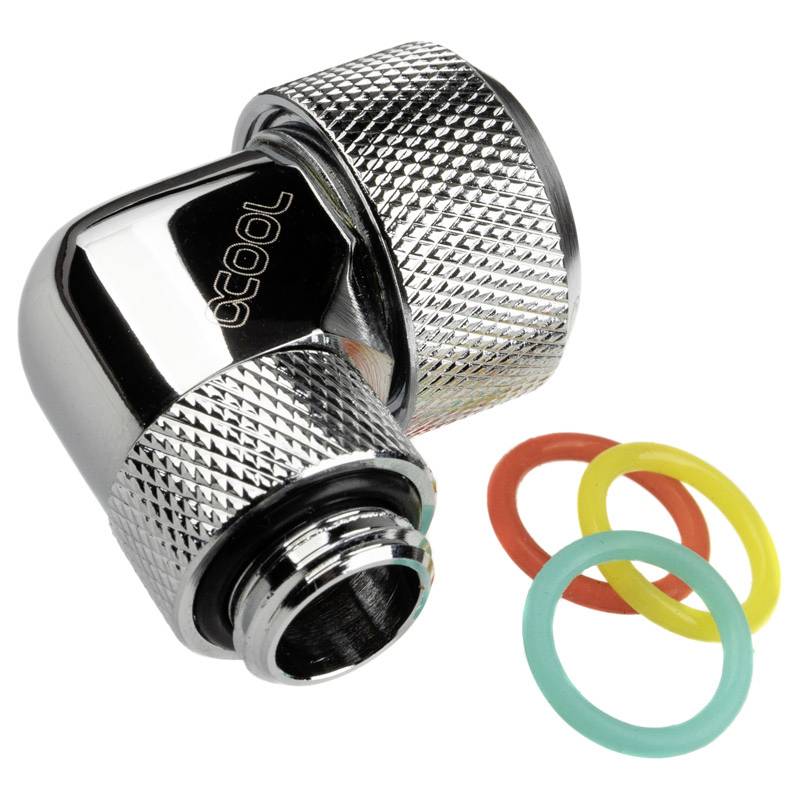 Metallischer Winkeladapter mit Rändelung, vermutlich für Wasser- oder Luftanschlüsse. Enthält drei bunte O-Ringe in Rot, Gelb und Blau.