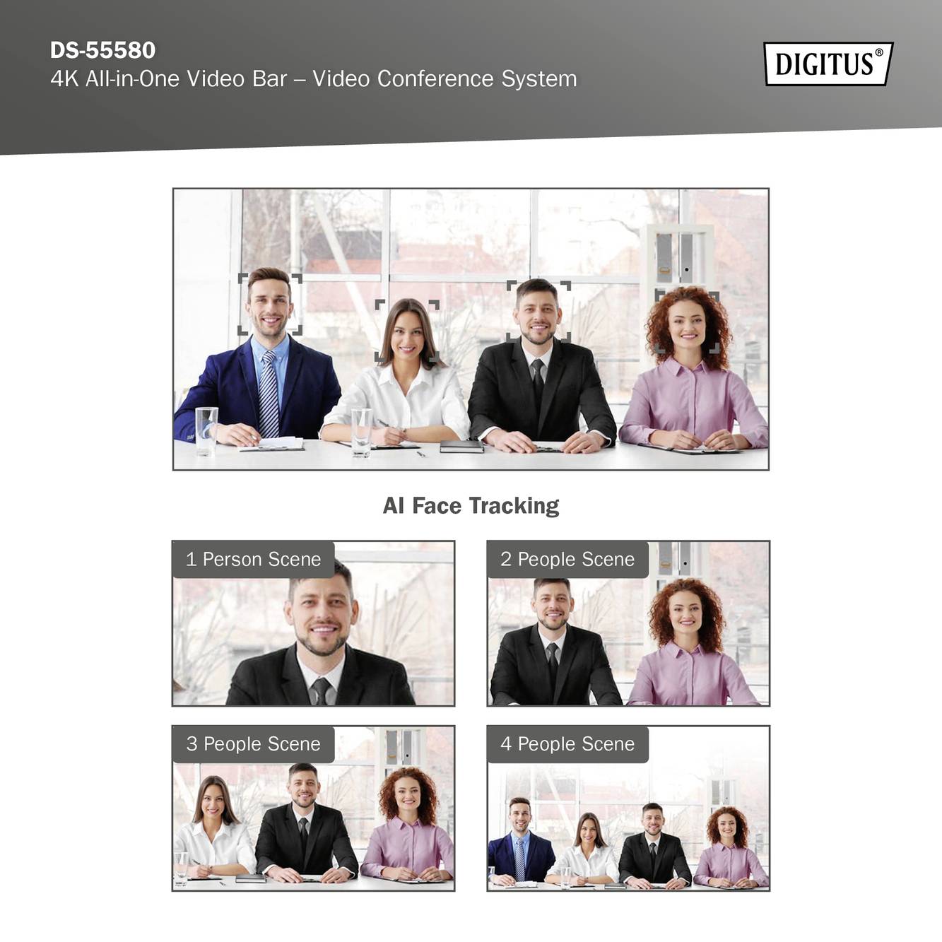 Digitus DS-55580 4K All-in-One Video Bar zeigt vier Personen in einem Videoanruf mit AI-Gesichtserkennung und verschiedenen Kameraansichten.