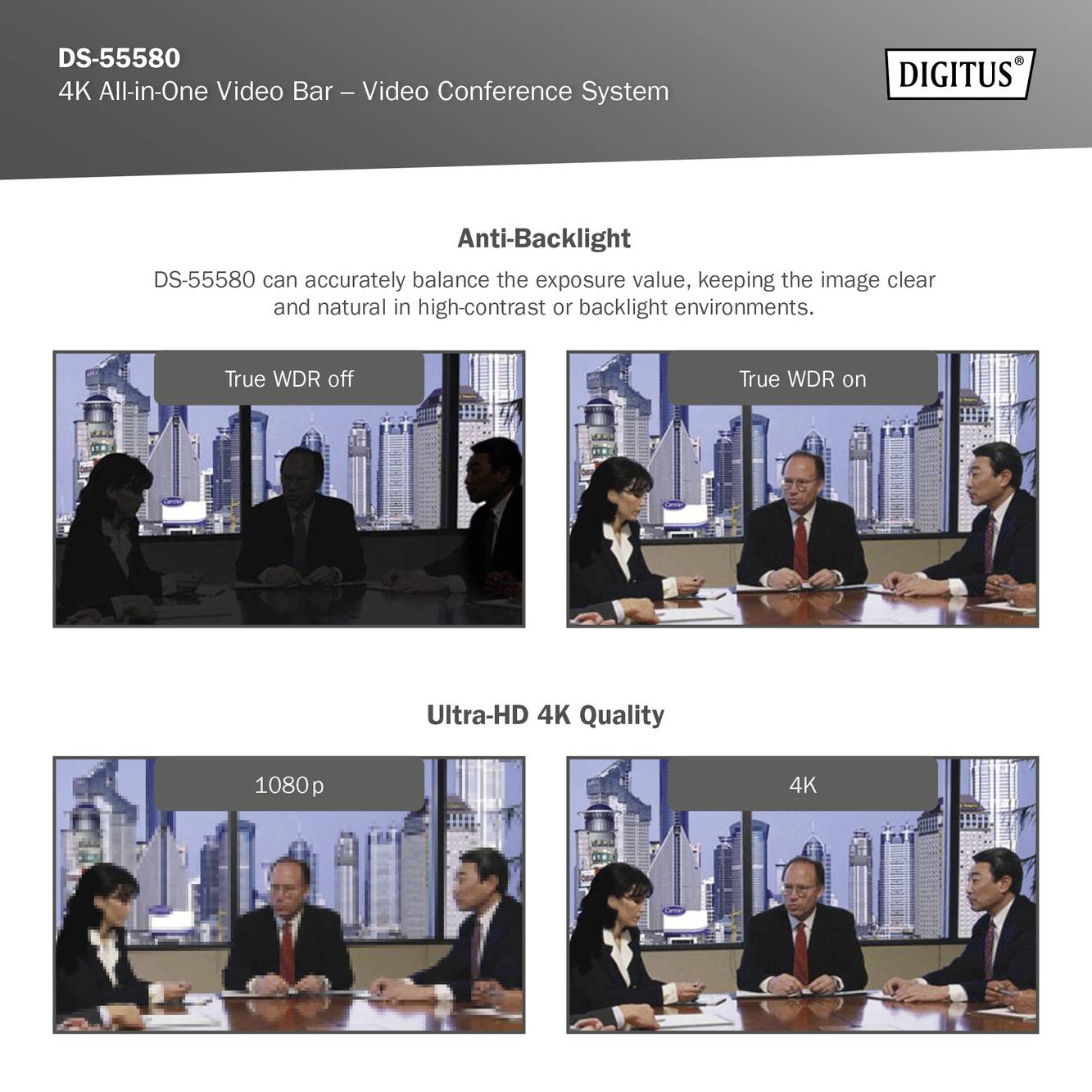 Digitus DS-55580 4K Videokonferenzlösung 3840 x 2160 Pixel Lautsprecher, Mikrofon, Schnelles Auto-Tracking per AI, Standfuß