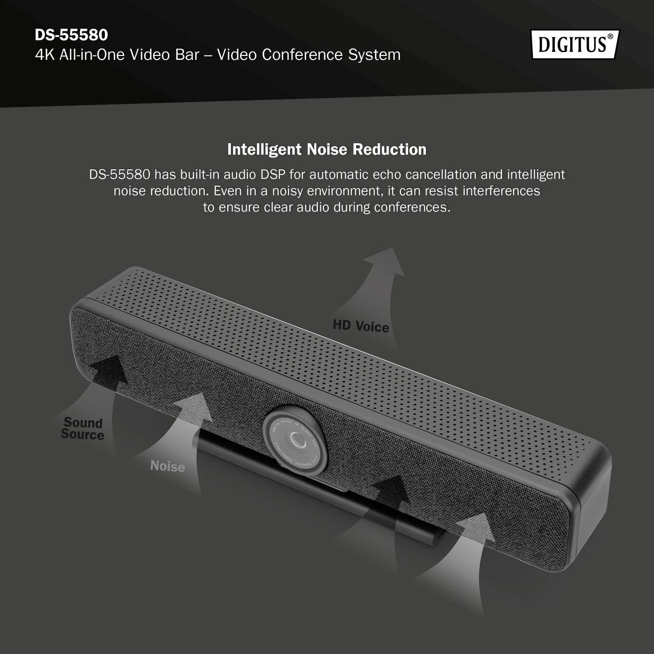 Digitus DS-55580 4K Videokonferenzlösung 3840 x 2160 Pixel Lautsprecher, Mikrofon, Schnelles Auto-Tracking per AI, Standfuß