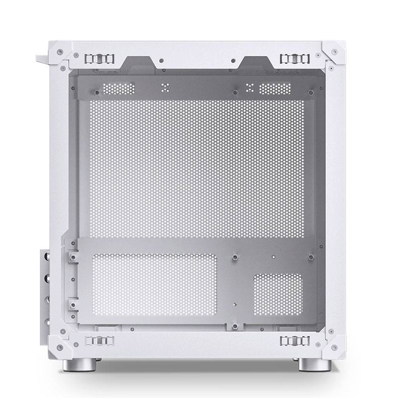 Ein leerer, weißer Computergehäuse-Tower mit Perforationen auf der Vorder- und Unterseite für Luftzirkulation, auf einer neutralen Fläche.