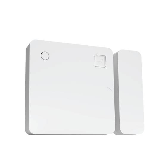 Ein weißer quadratischer Sensor mit einem runden Knopf und einem kleineren rechteckigen Teil daneben. Möglicherweise ein Magnetkontakt.