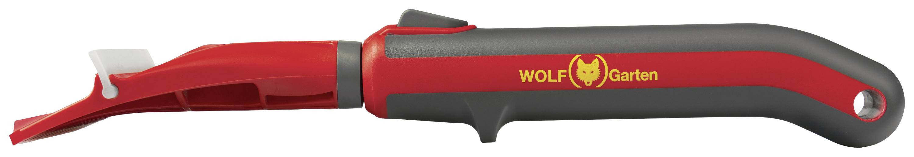Handgerät in Rot und Schwarz mit gelbem Logo 'WOLF-Garten', ergonomischer Griff. Werkzeugspitze geeignet für Gartenarbeiten.