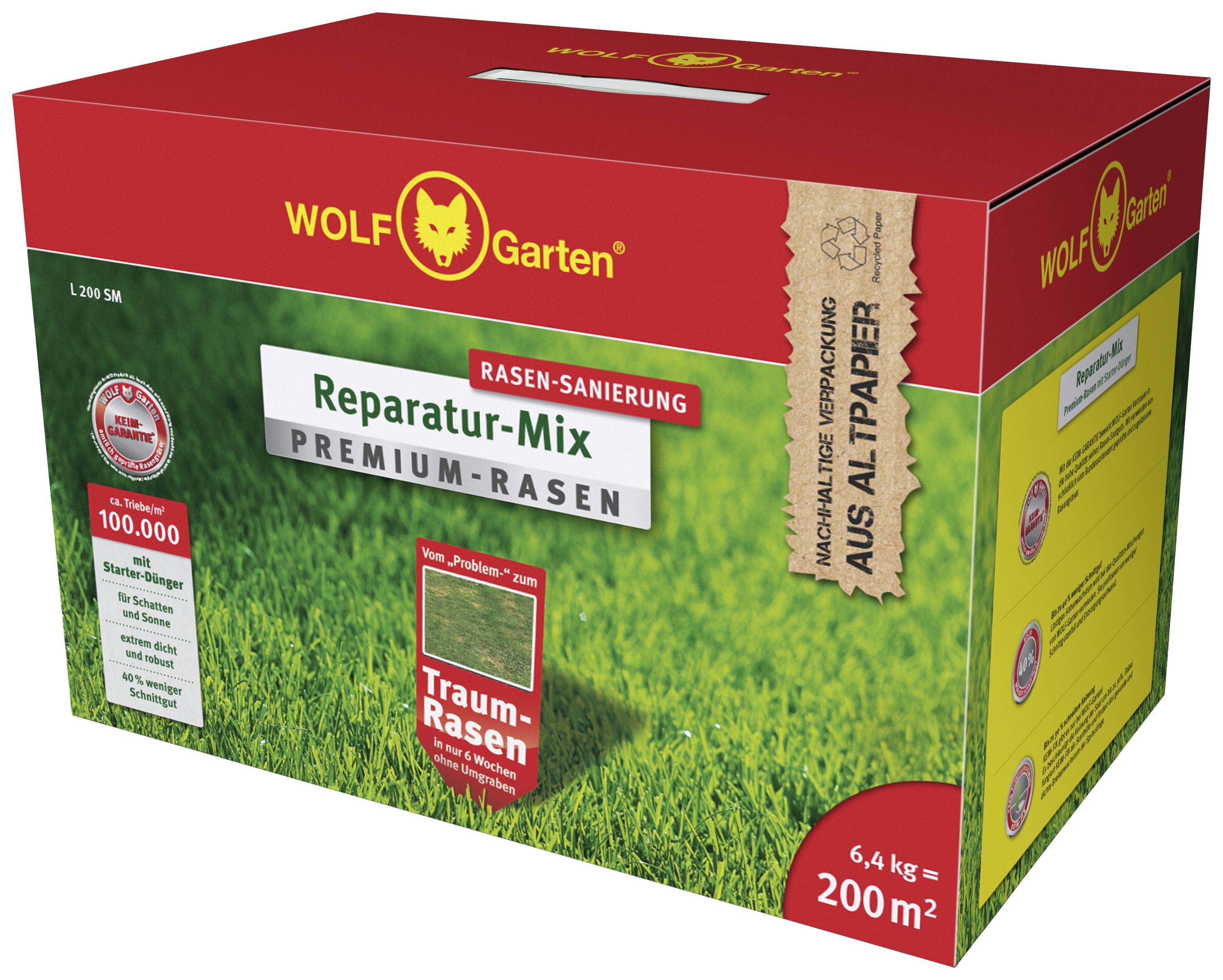 Eine rote Box mit der Aufschrift 'Rasen-Sanierung Reparatur-Mix Premium-Rasen'. Für 200 m², 6,4 kg. Enthält Grasbild und WOLF Garten Logo.