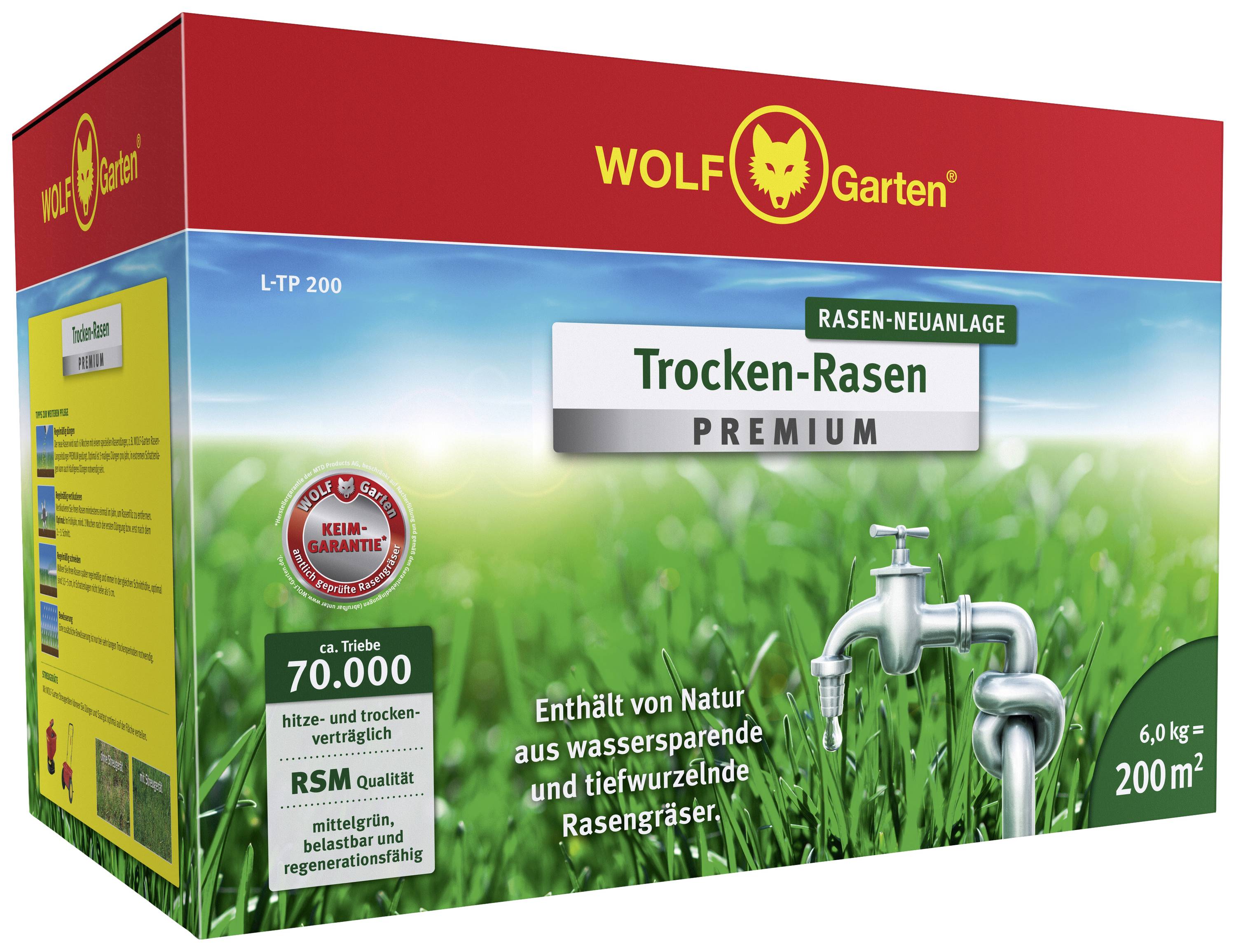 Verpackung einer Rasensamenmischung von WOLF-Garten für 200 m². Text auf der Verpackung betont Wasserersparnis und Tiefwurzeln.