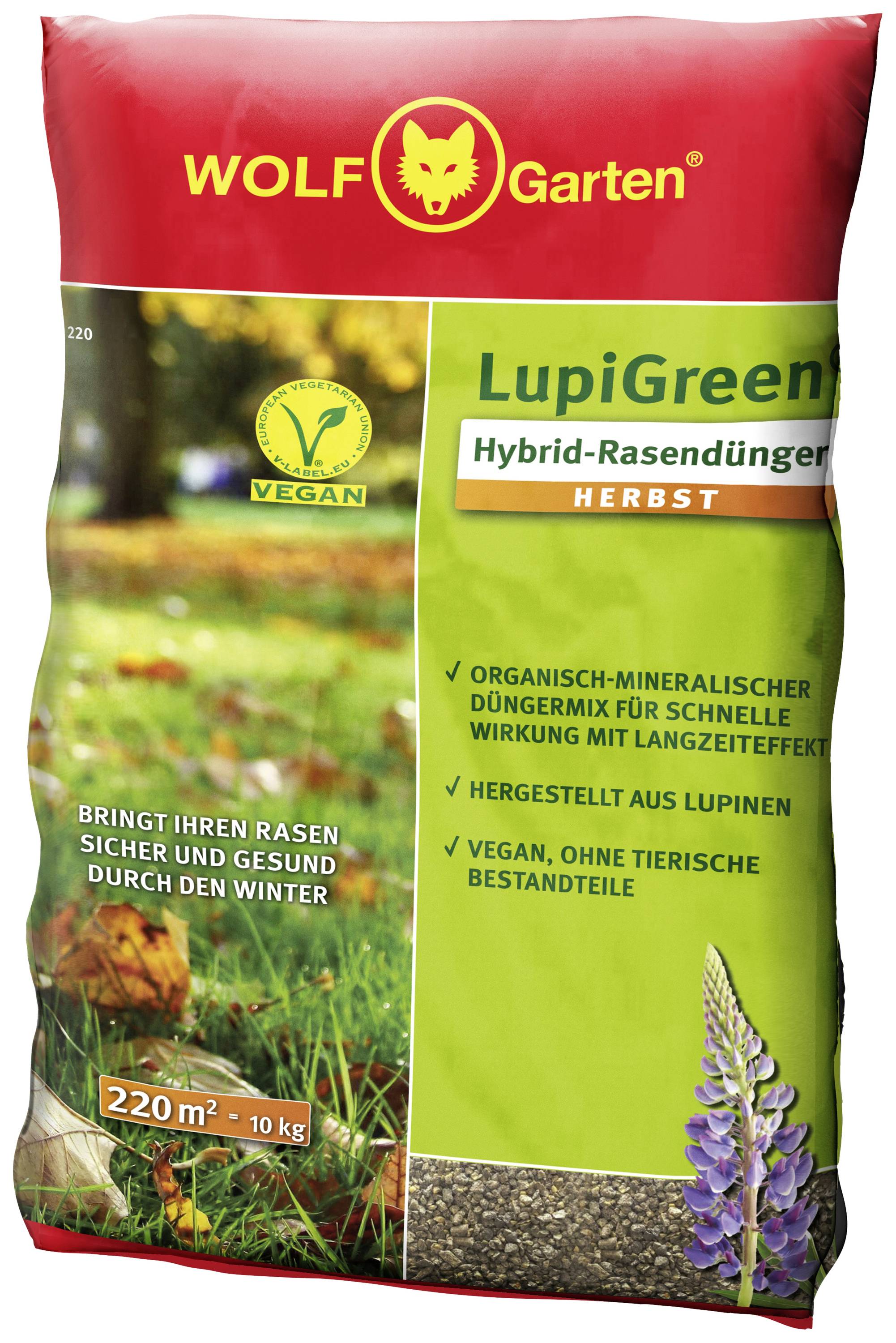 'WOLF-Garten LupiGreen Hybrid-Rasendünger Herbst' Verpackung. Enthält 10 kg für 220 m². Organisch-mineralisch, vegan, für Herbst.