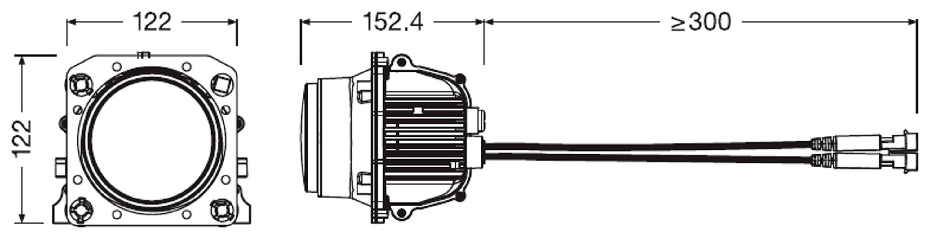 Abmessungen eines quadratischen, zylindrischen Geräts mit Kabel. Breite: 122 mm, Tiefe: 152,4 mm, Kabel: mindestens 300 mm lang.