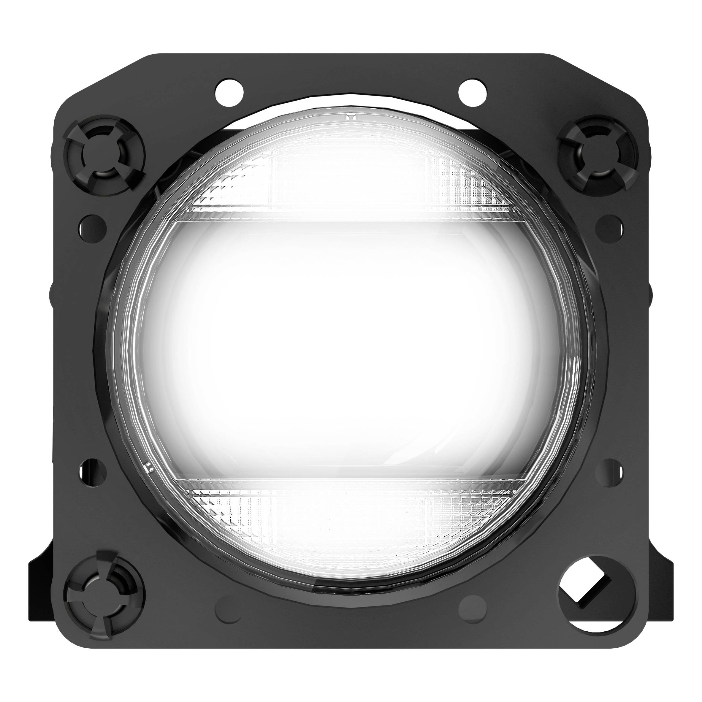 Ein runder, weißer LED-Scheinwerfer mit vier quadratischen Befestigungspunkten auf schwarzem Hintergrund.