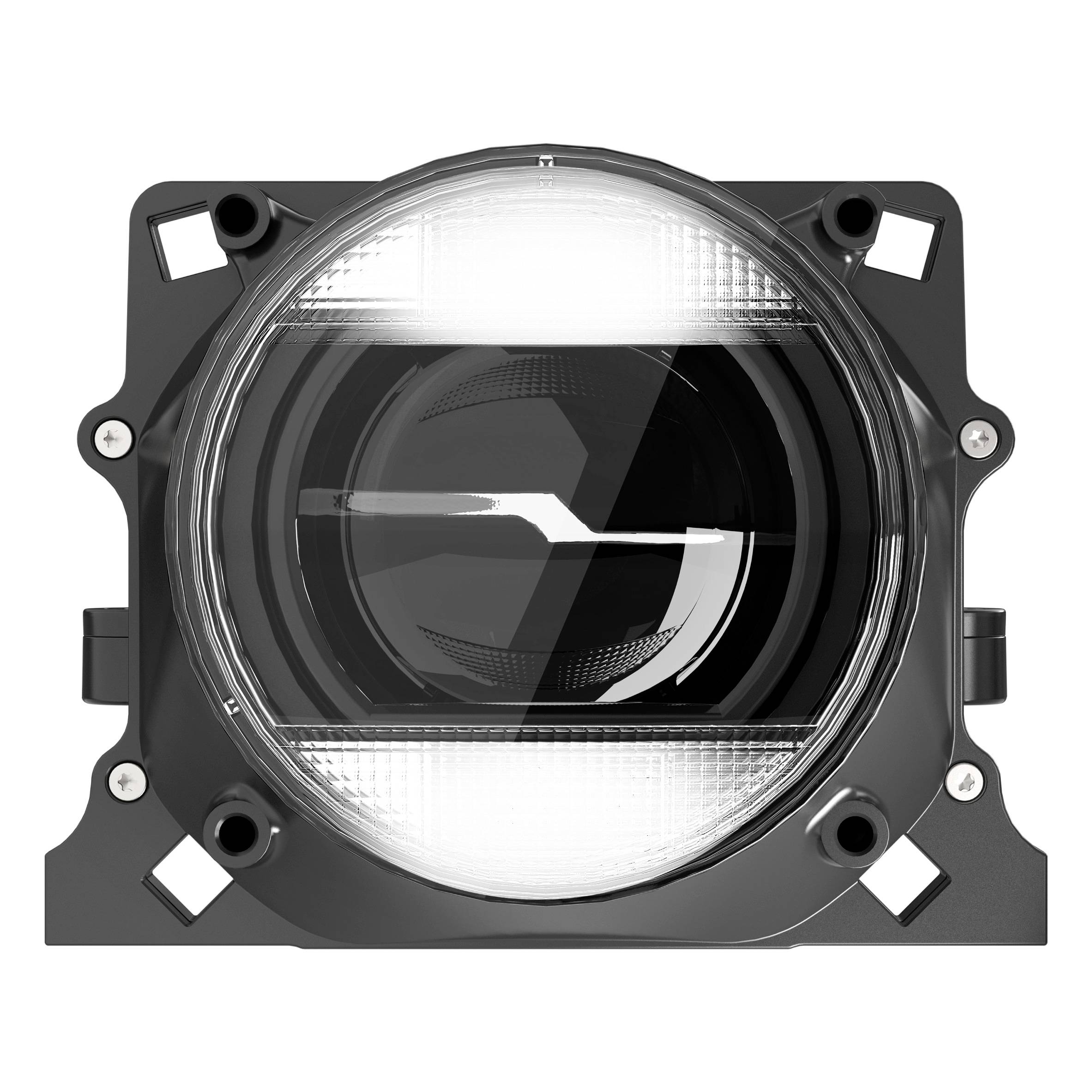 Ein runder LED-Scheinwerfer in einem schwarzen Gehäuse mit Montageöffnungen. Er zeigt eine klare Glasabdeckung über einer reflektierenden Oberfläche.