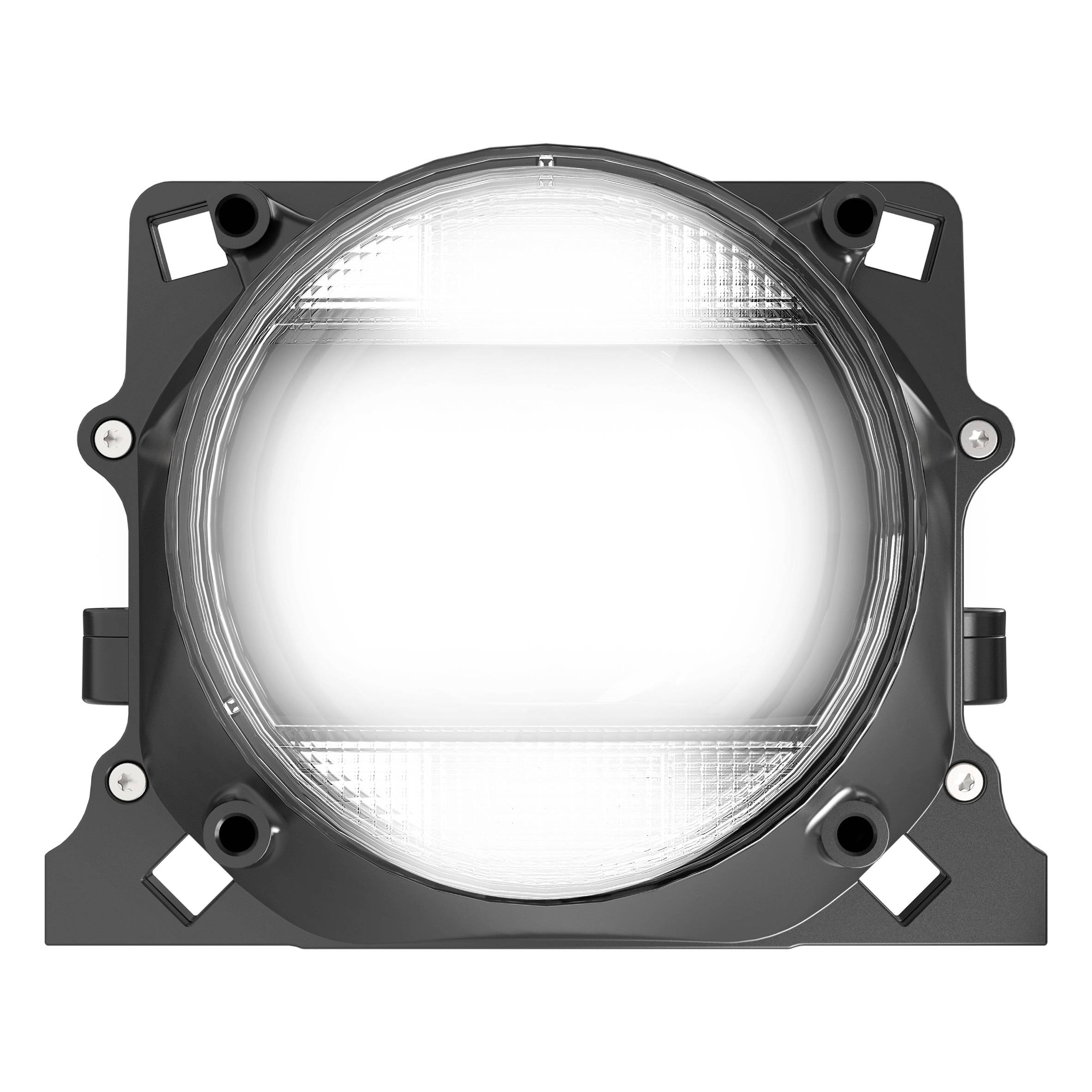 Eine quadratische, schwarze LED-Leuchte mit kreisförmigem, transparentem Lichtschirm. Geeignet für Fahrzeuge oder Arbeitsmaschinen.