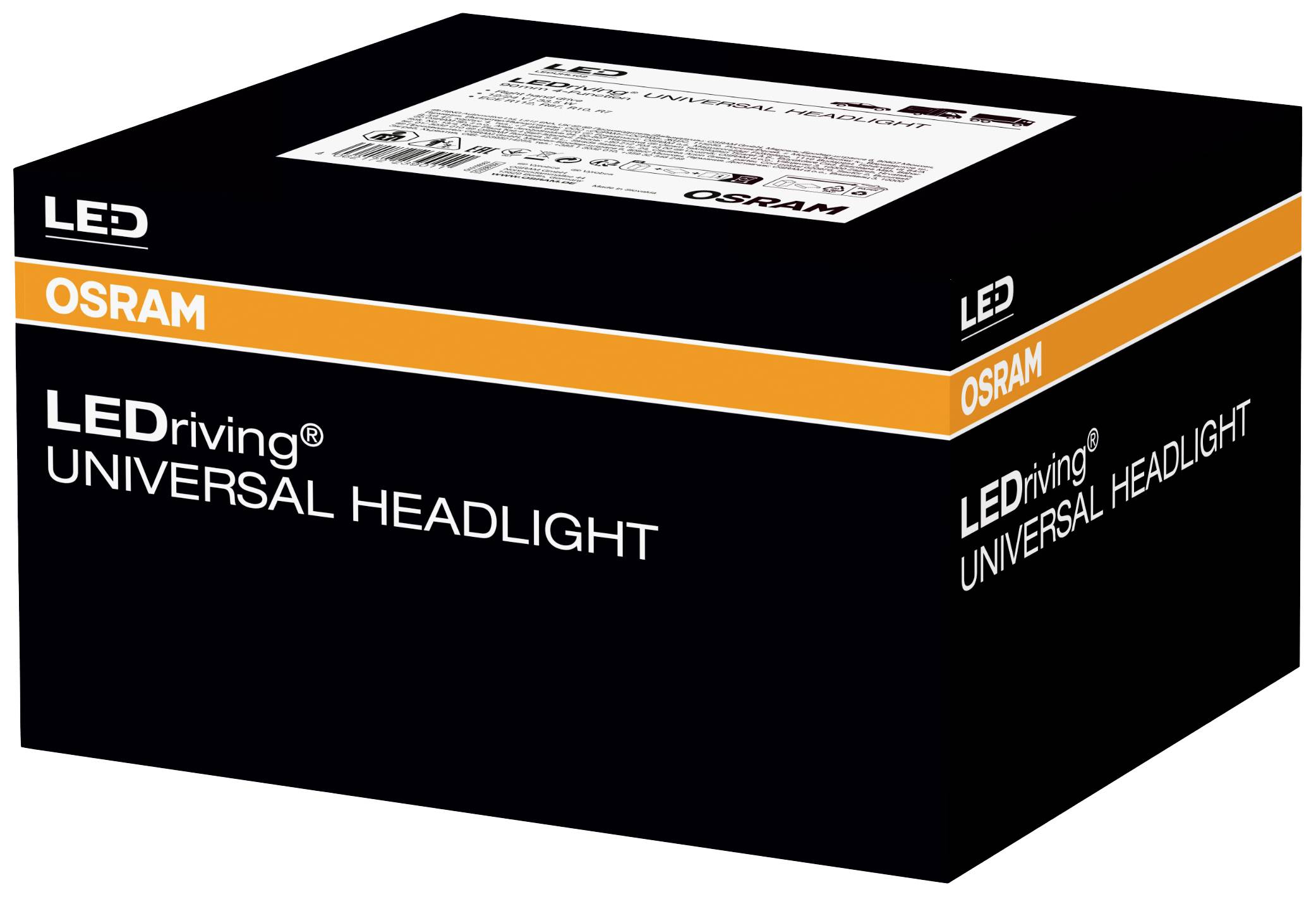 Verpackung der 'LEDdriving UNIVERSAL HEADLIGHT' von OSRAM, schwarz mit orangefarbenem Streifen. Enthält LED-Scheinwerferproduktinformationen.