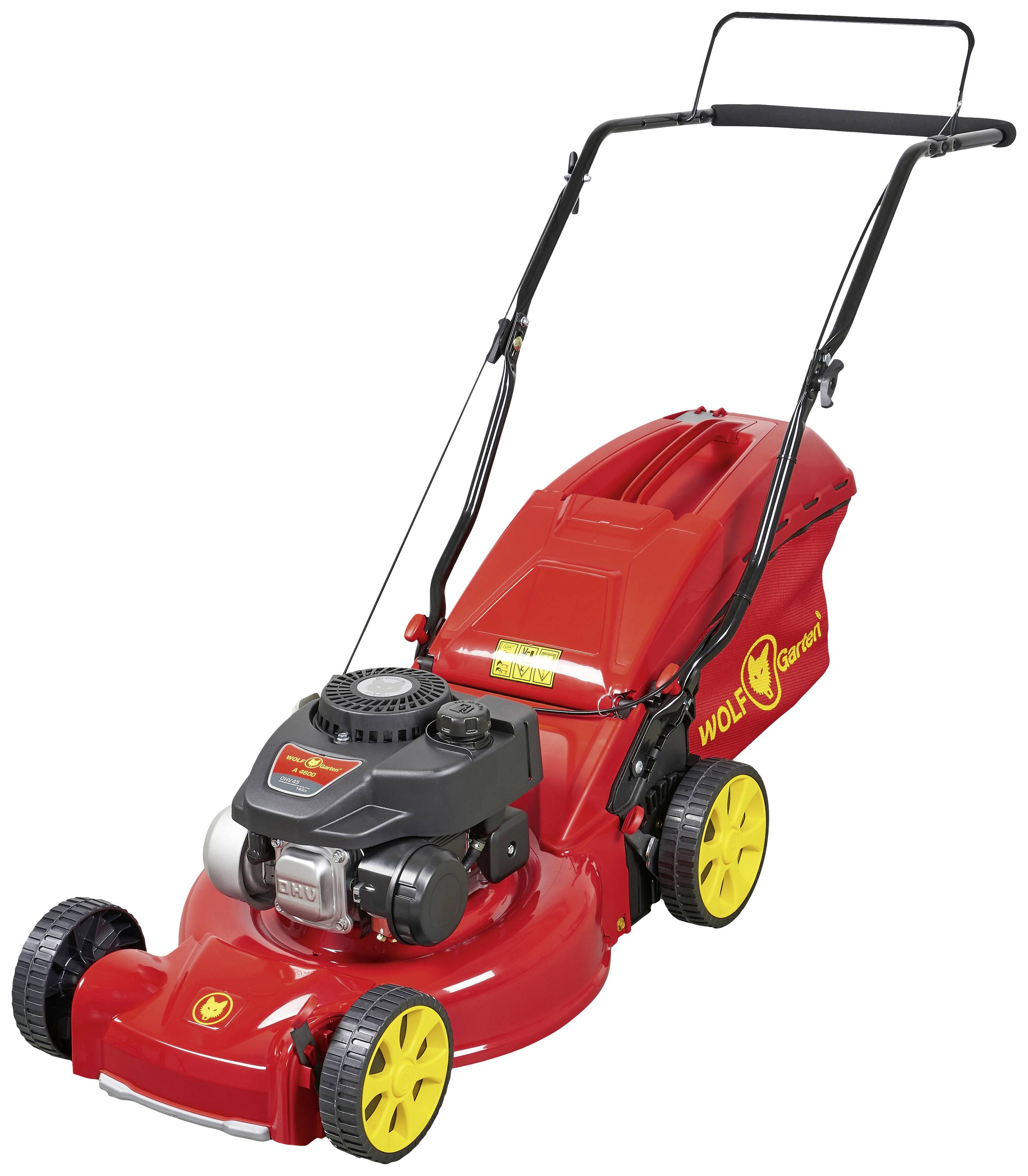 WOLF-Garten A 4600 Benzin Rasenmäher Heckauswurf, Höhenverstellbarer Griff mit Klappfunktion 2.1kW Schnittbreite (max.) 46cm