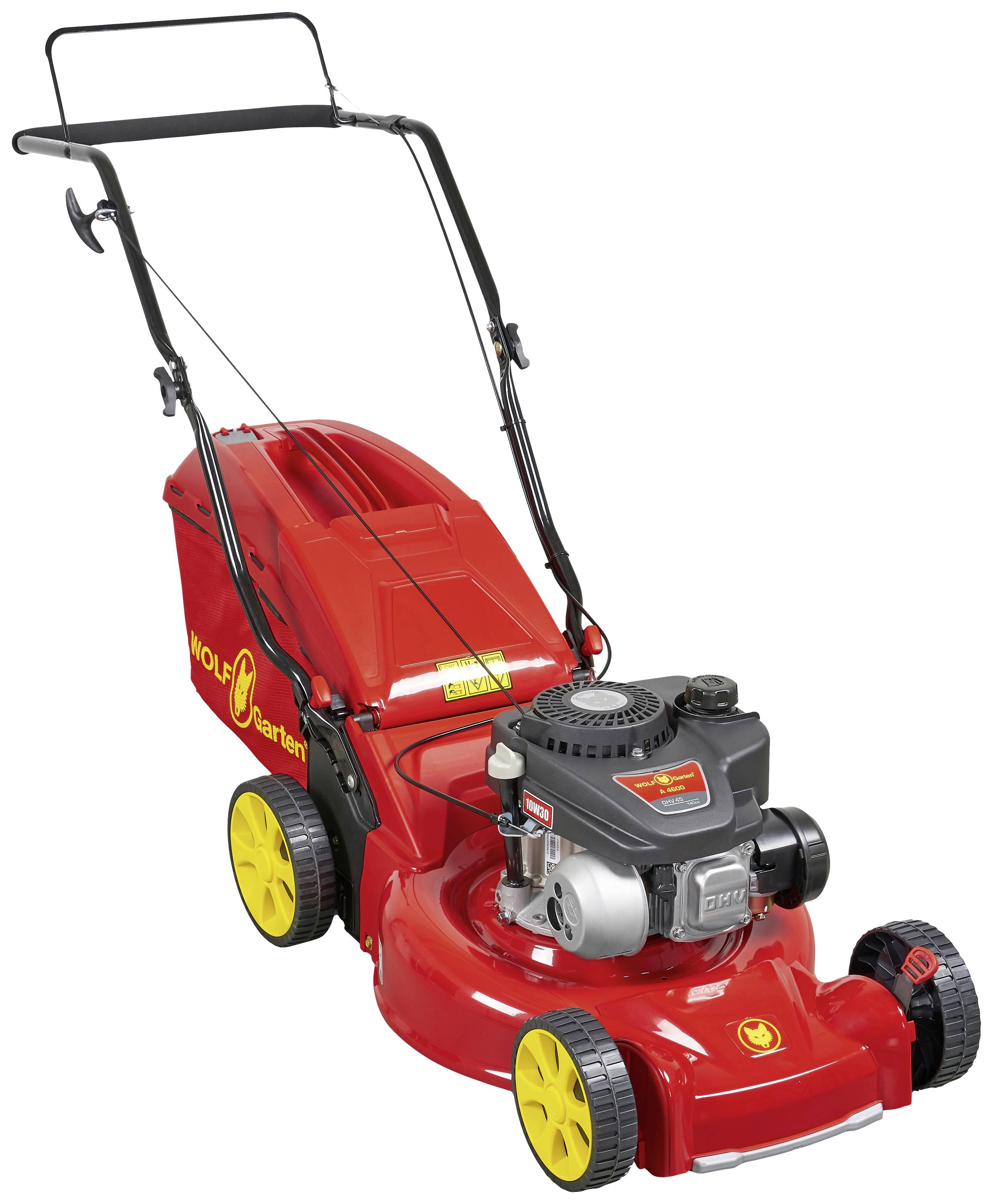 WOLF-Garten A 4600 Benzin Rasenmäher Heckauswurf, Höhenverstellbarer Griff mit Klappfunktion 2.1kW Schnittbreite (max.) 46cm