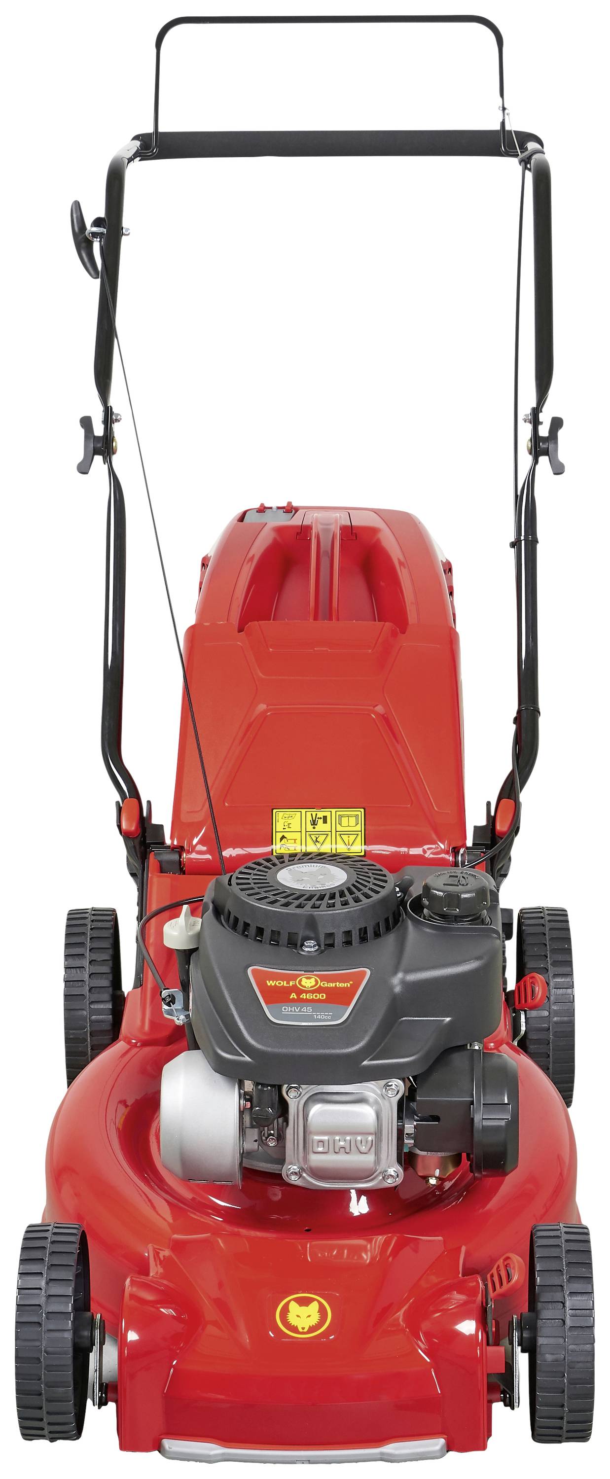 WOLF-Garten A 4600 Benzin Rasenmäher Heckauswurf, Höhenverstellbarer Griff mit Klappfunktion 2.1kW Schnittbreite (max.) 46cm